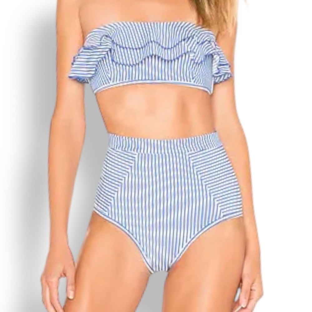 Seersucker Ruffle Bandeau Blue & White Striped Bikini Swimsuit